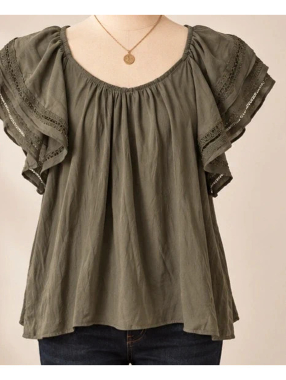 Chelsea & theodore green flowy blouse fall olive